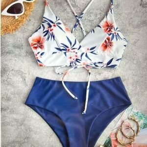 Floral White & Navy High-Waist Bikini Set - Unbranded